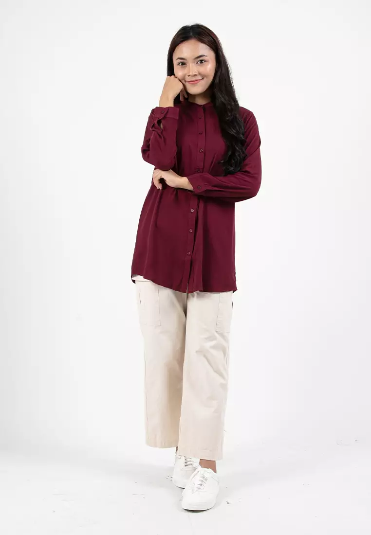 Forest Ladies Rayon Shirt Women Long Sleeve Tunic - 822405-57Burgundy