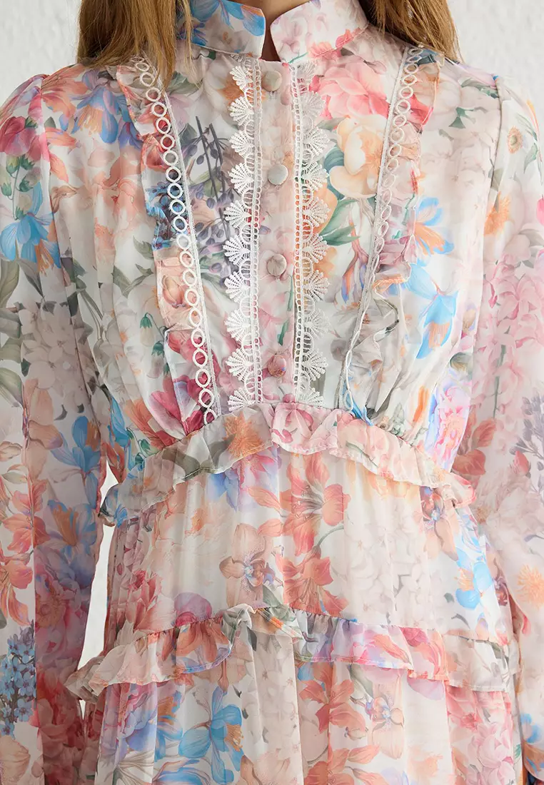 Multicolored Floral Patterned Lined Chiffon Woven Dress TCTSS25EB00050