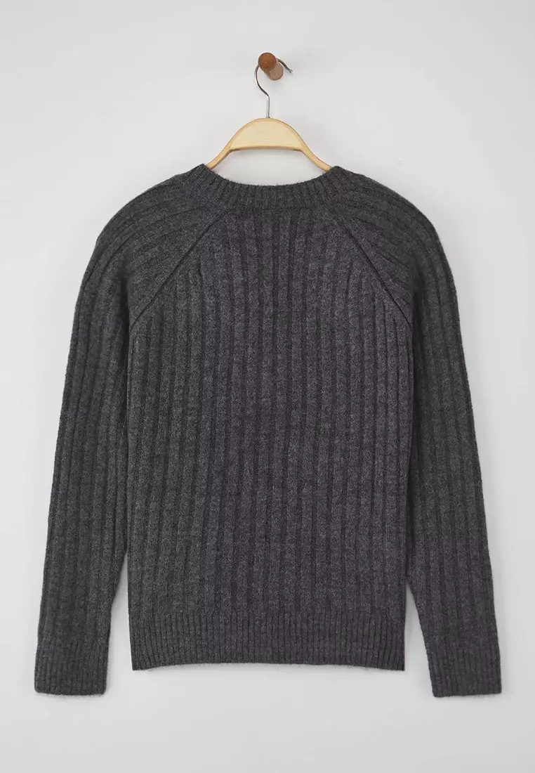 Wardrobe Essentials Anthracite Soft Textured Ribbed Knit Sweater