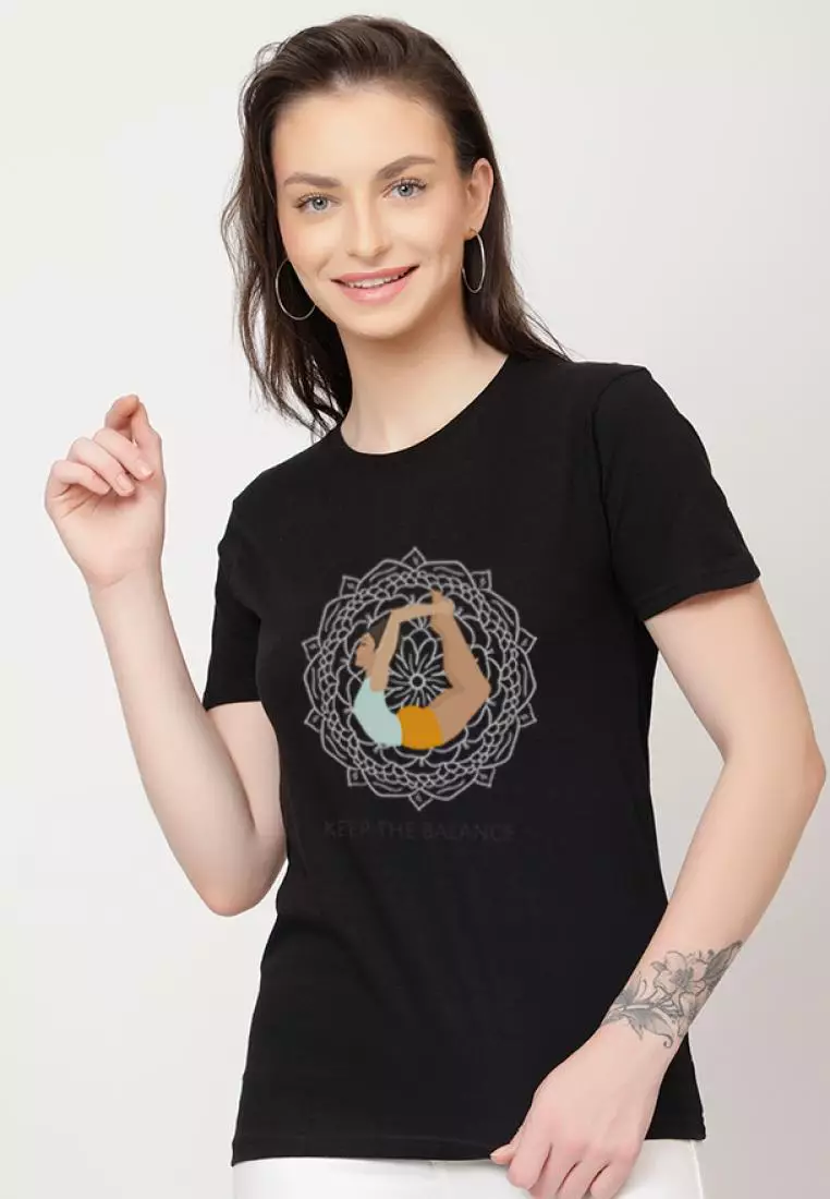 Keep TheBalance Relaxed 短袖时尚黑色棉质休闲图案印花 T 恤/T 恤