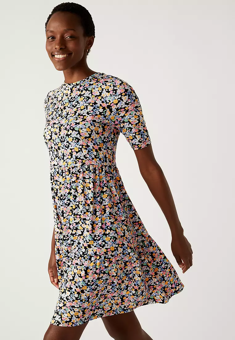 Jersey Printed Knee Length Tiered Dress