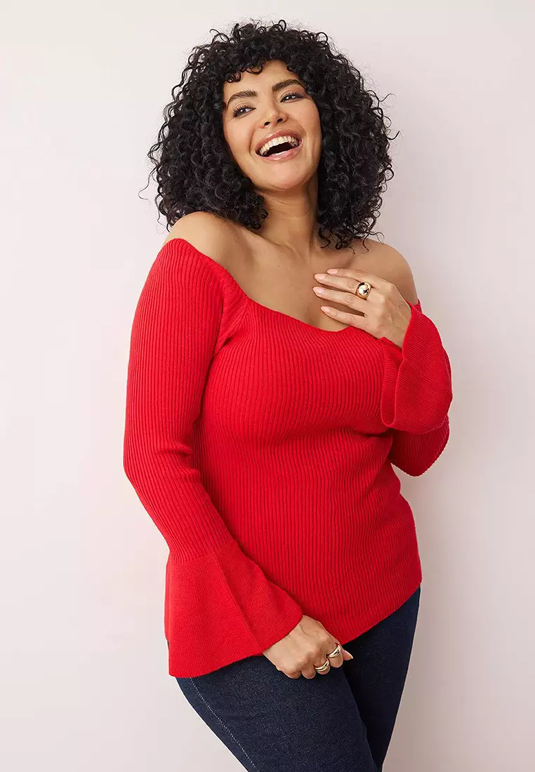 Red Ribbed Carmen Collar Knitwear Sweater Tbbaw26An00031
