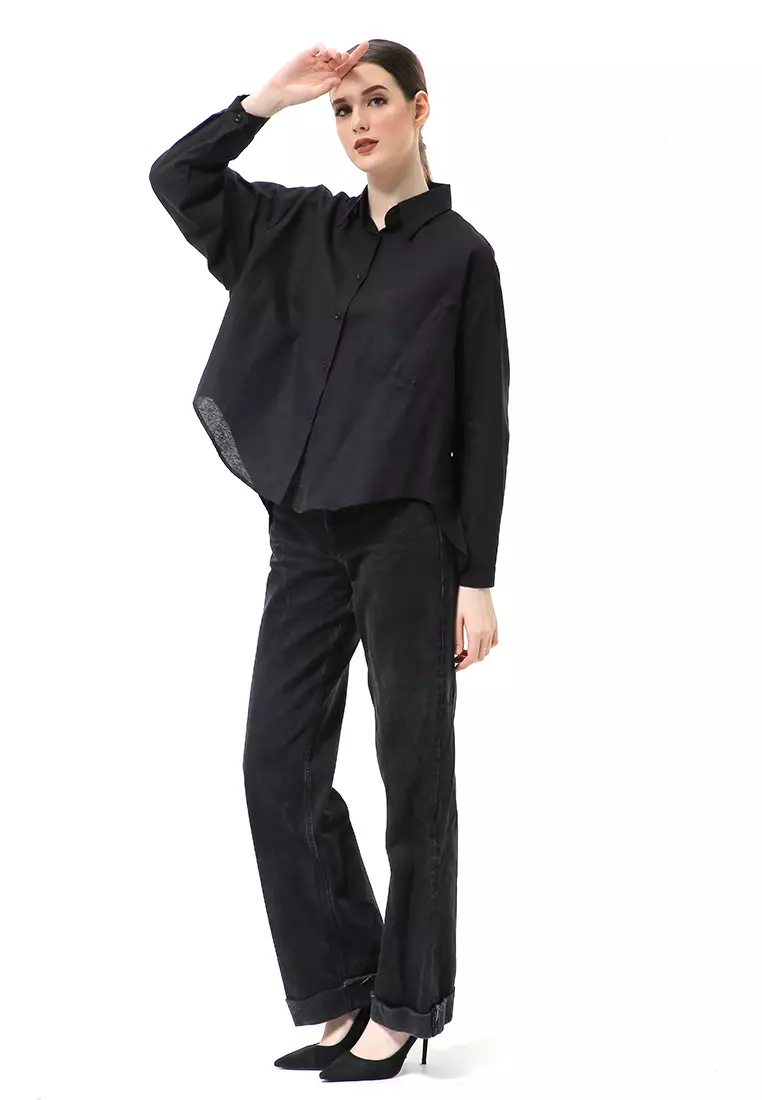 Nandira Kemeja Atasan Wanita Oversize Motif Polos Long Sleeve - Hitam