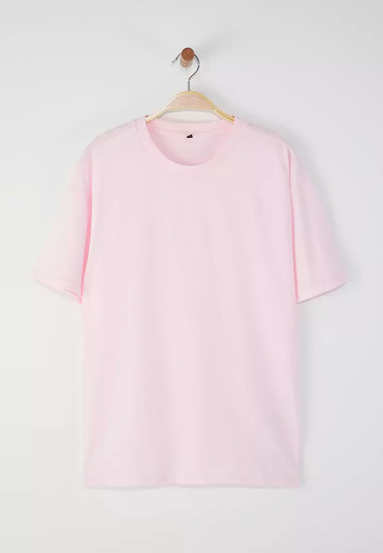 Light Pink 100% Cotton Crew Neck Oversize/Wide Pattern Knitted T-Shirt Twoss20Ts0134