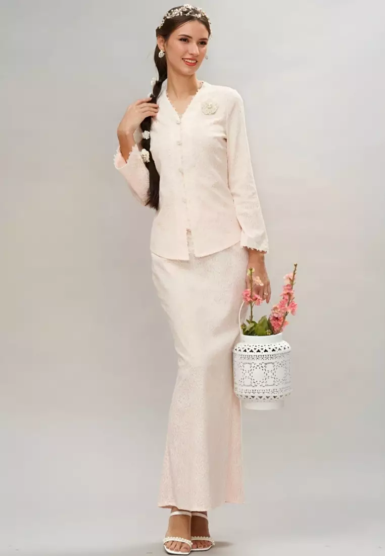 Pink 'V'neck Glitter Lace Top & Maxi Skirt Modern Kedah Kurung Hari Raya