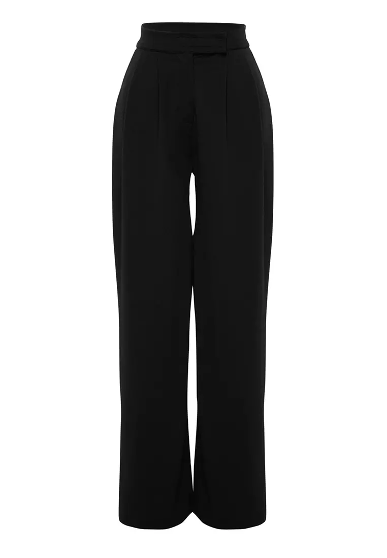 Black Hook And Loop Closure High Waist Pleated Wide Leg/Wide Cut Knitted Trousers Twoaw24Pl00177
