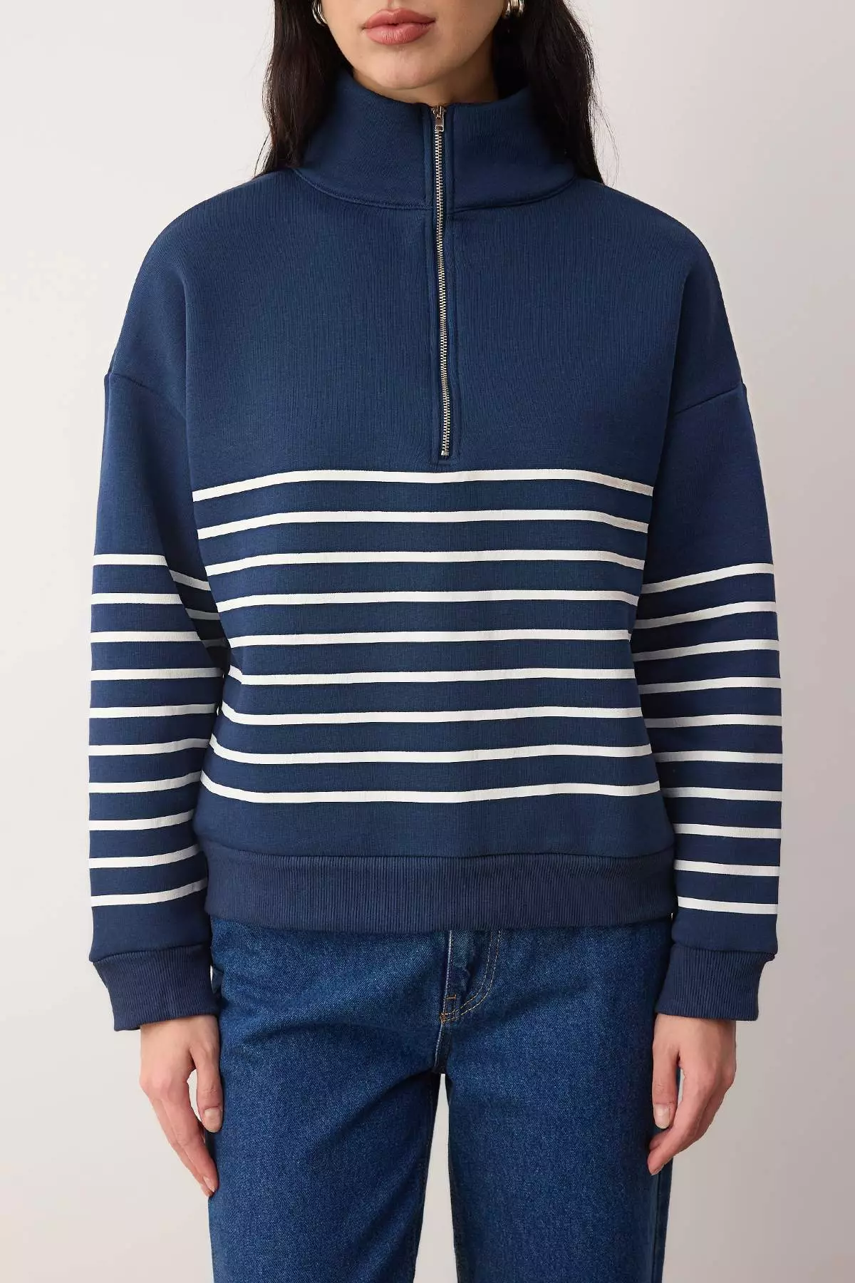 Navy Blue Striped Oversize/Wide Fit Zippered Thick Fleece Lined Knitted Sweatshirt Twoaw26Sw44