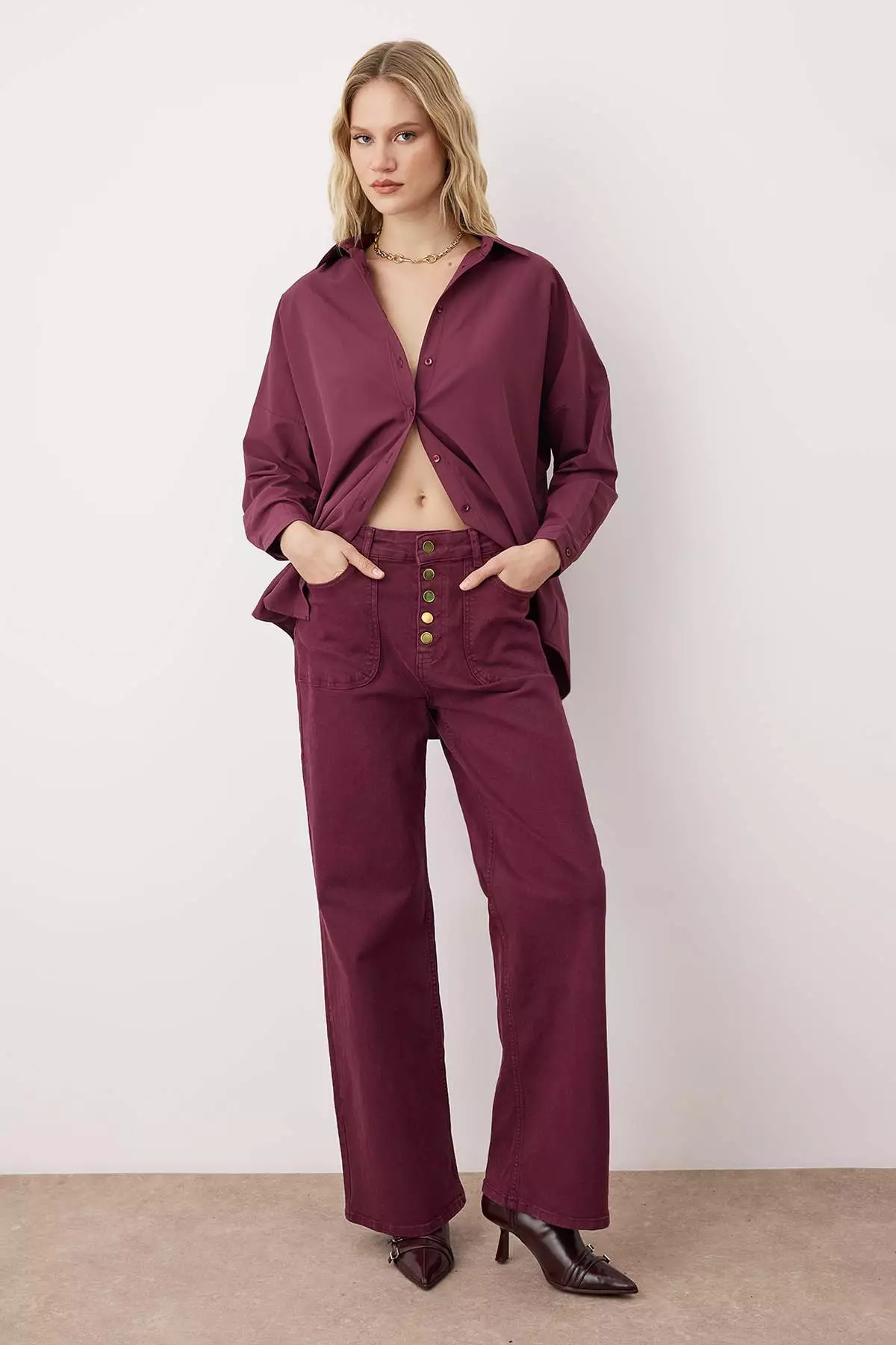 Plum Cotton Oversize Wide Pattern Woven Shirt