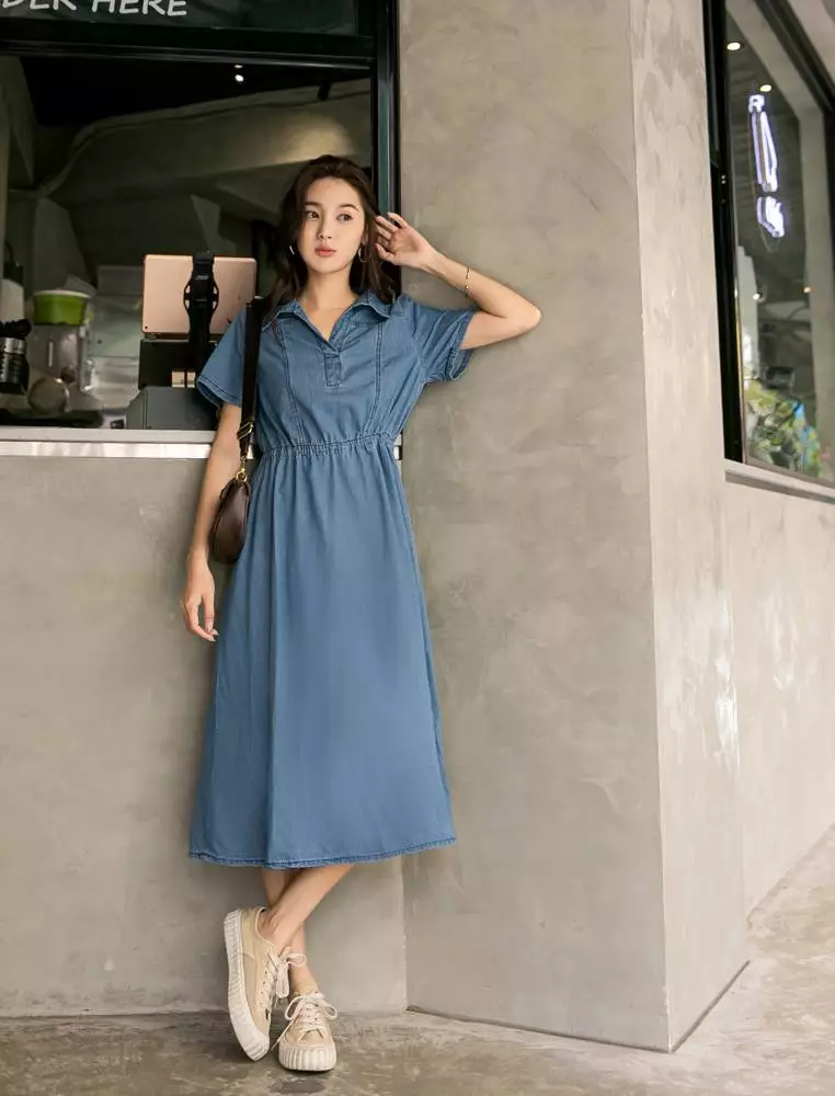 Denim Waist-tie Flared Hem Dress [DA8483]