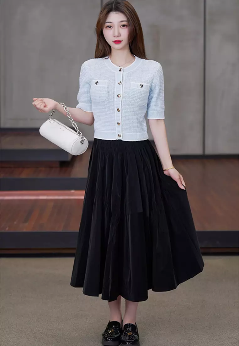 Elastic Waist Pleated Maxi Skirt