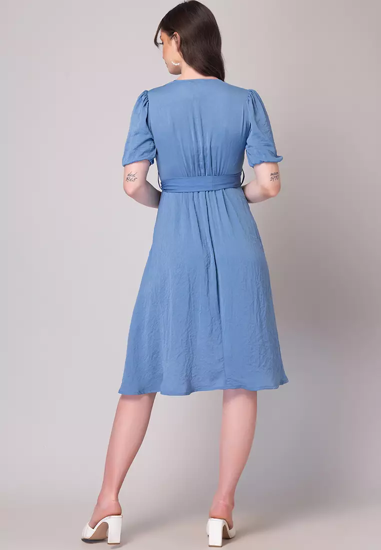 Dark Blue Wrap Midi Dress With Belt