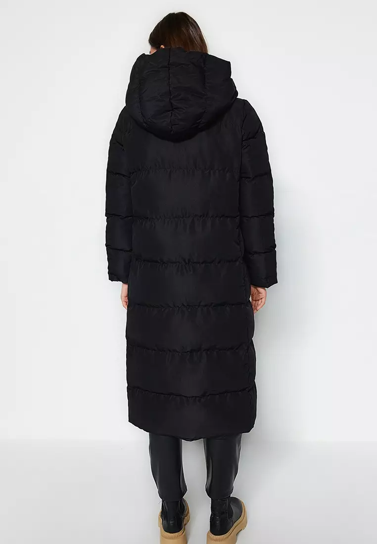 Black Regular Fit Side Snap Closure Water Repellent Long Inflatable Coat Twoaw24Mo00044