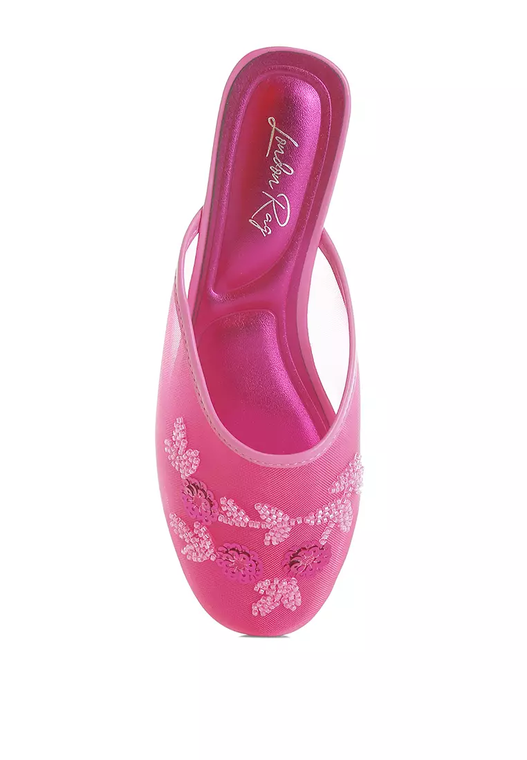 Mesh Sequin Beaded Mules In Fuchsia