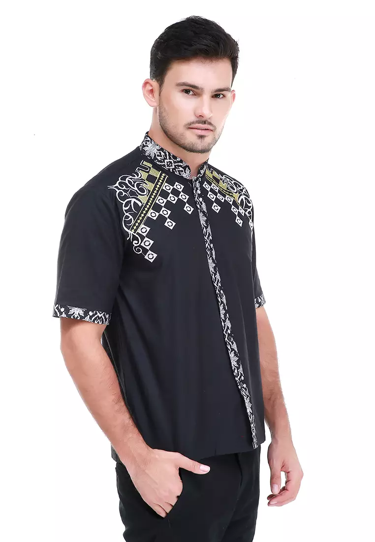 Dwan Kemeja Batik Pria Classy Atasan Formal Shortsleeve Shirt Material Cotton ORIGINAL - Black