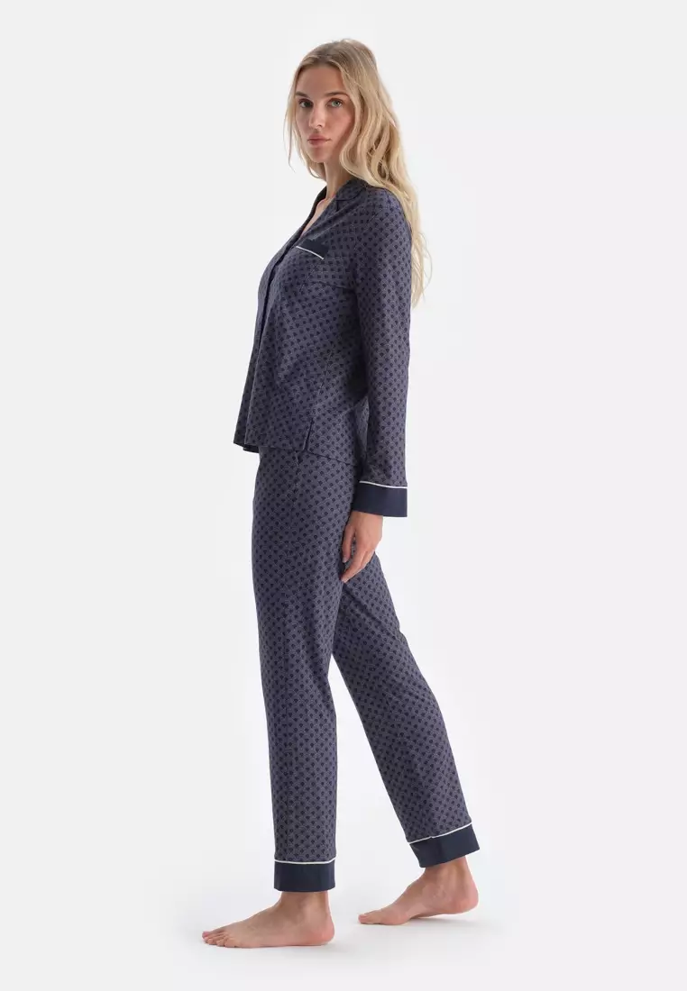 Navy Shirt & Trousers Set, Geometric Patterned, Regular Fit, Long Sleeve Sleepwear for Women