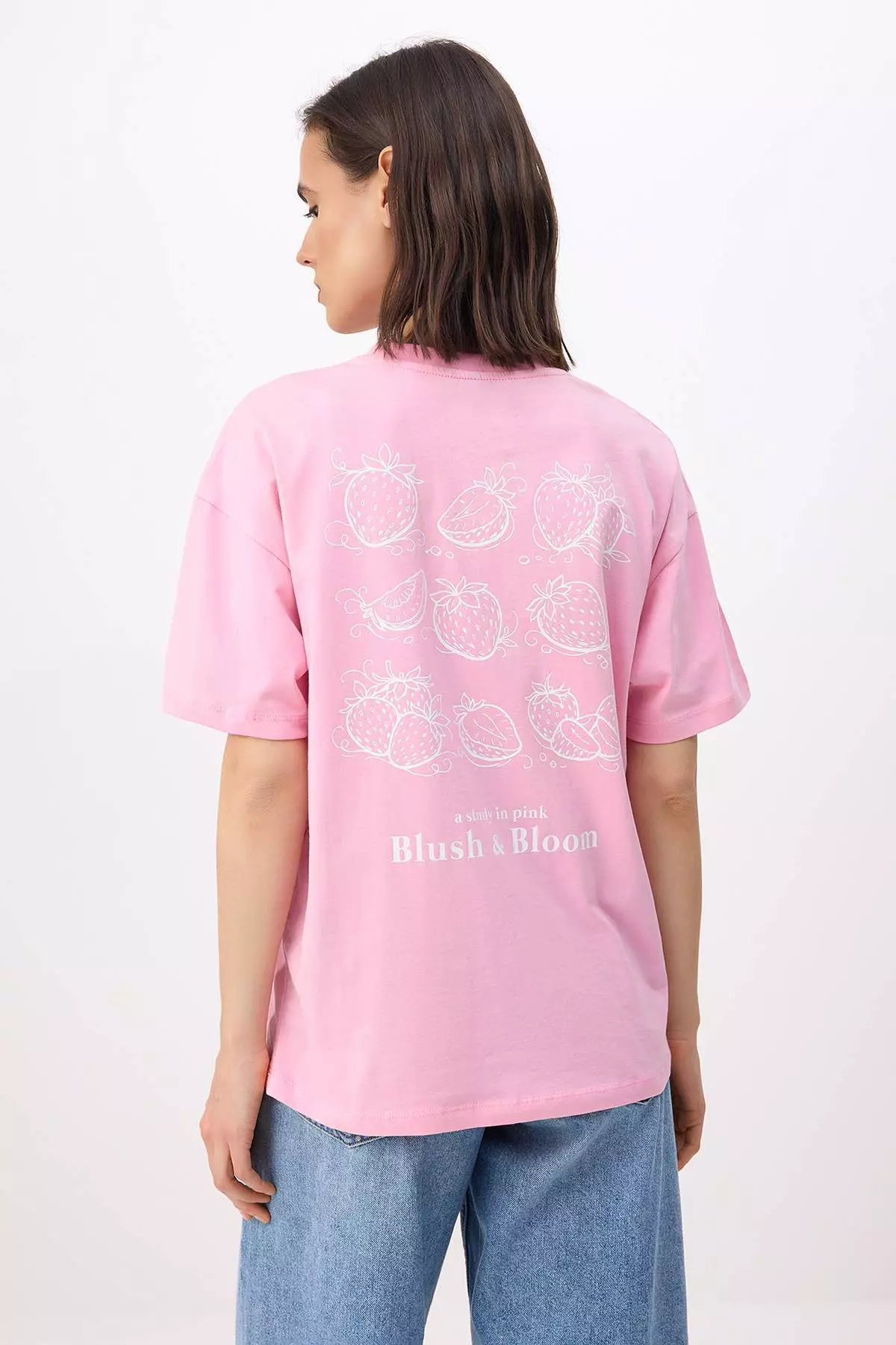 Pink Printed Oversize/Wide Fit Low Shoulder Short Sleeve Tok 1% Cotton Knitted T-Shirt Twoss26Ts16