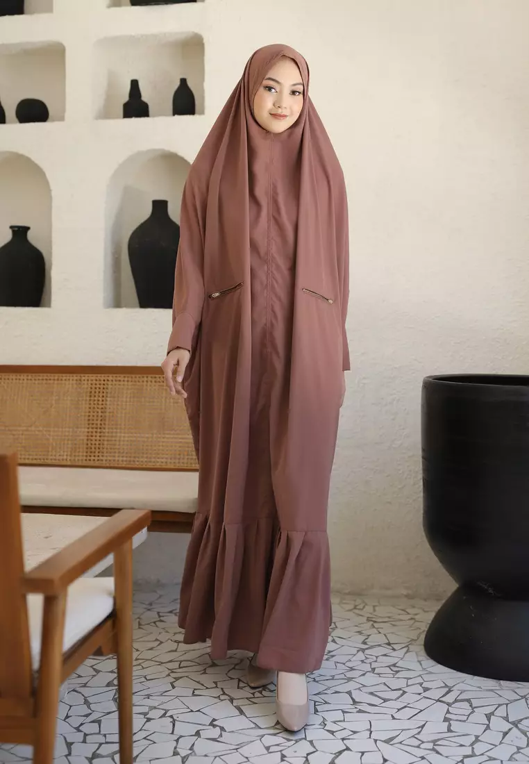 Zelena - Yasmina Abaya Set | Set Dress Khimar Ruffle - Rosebrown