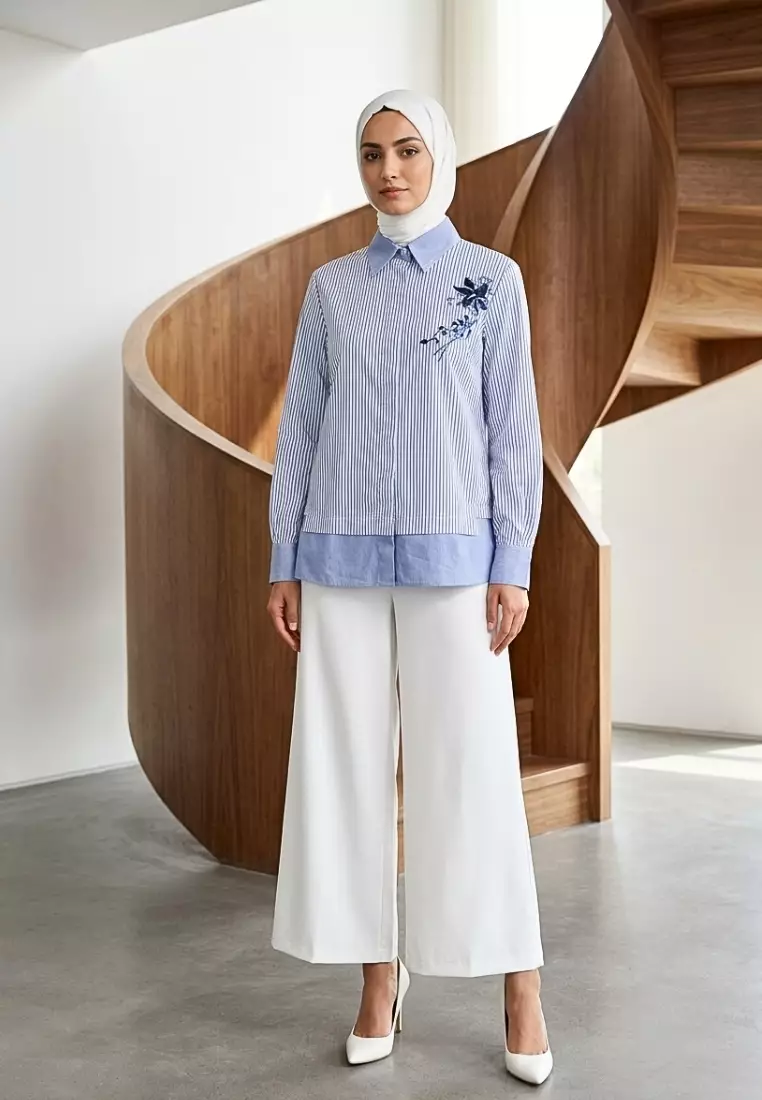 Kemeja Katun Wanita Salur Biru Bordir Bunga By Brilliant Girl Warna BIRU