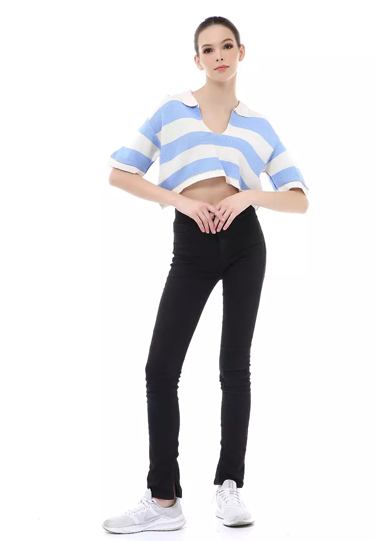 Albertine Atasan Crop Wanita Lengan Pendek Motif Salur Material Rajut ORIGINAL - Blue