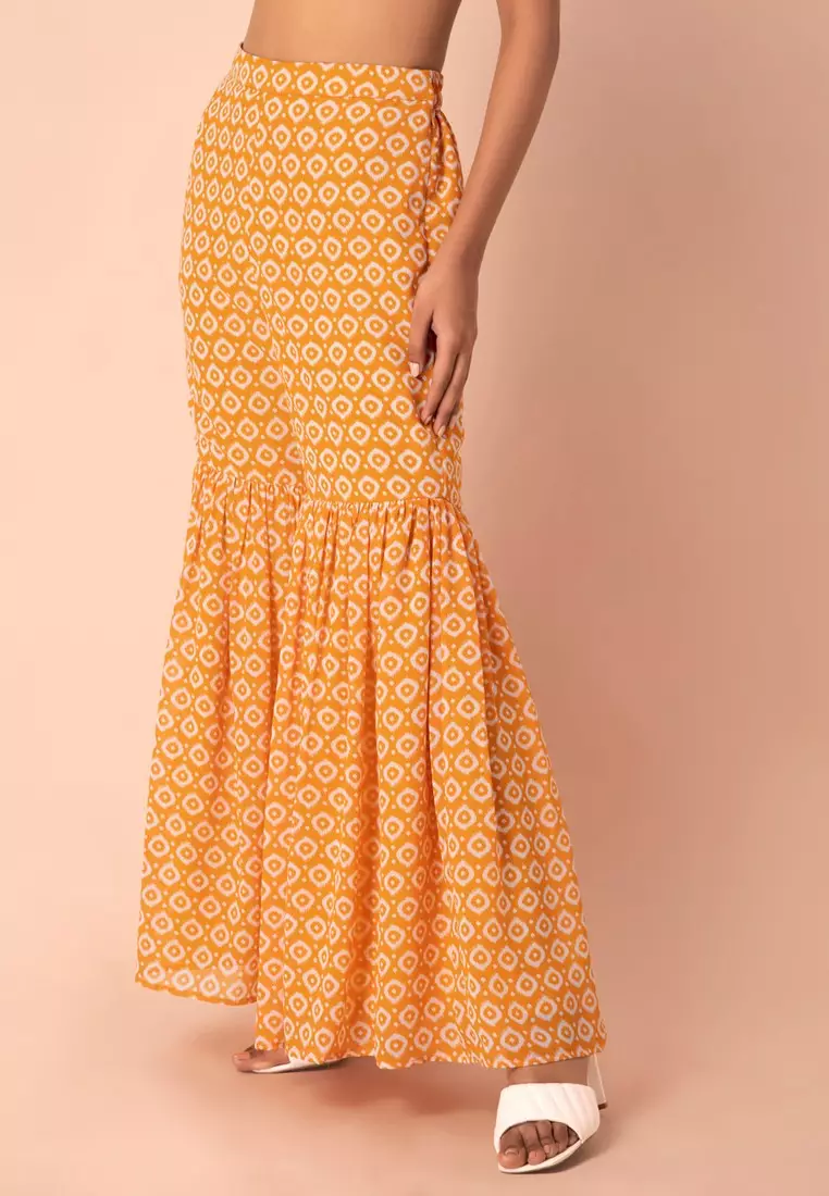 Yellow Ikat Printed Pleated Sharara Pants