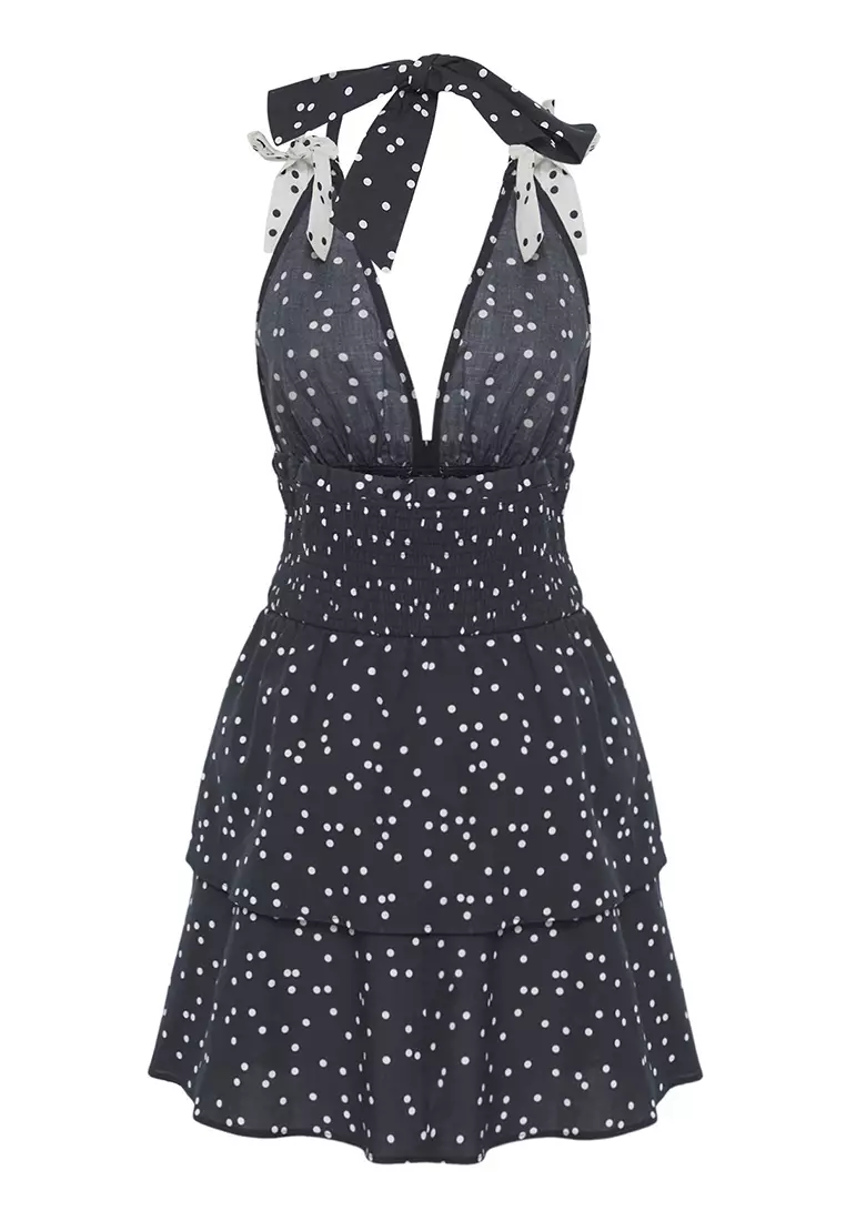 Polka Dot Woven Ribbon Detailed Midi 100% Cotton Beach Dress TBESS25EL00131