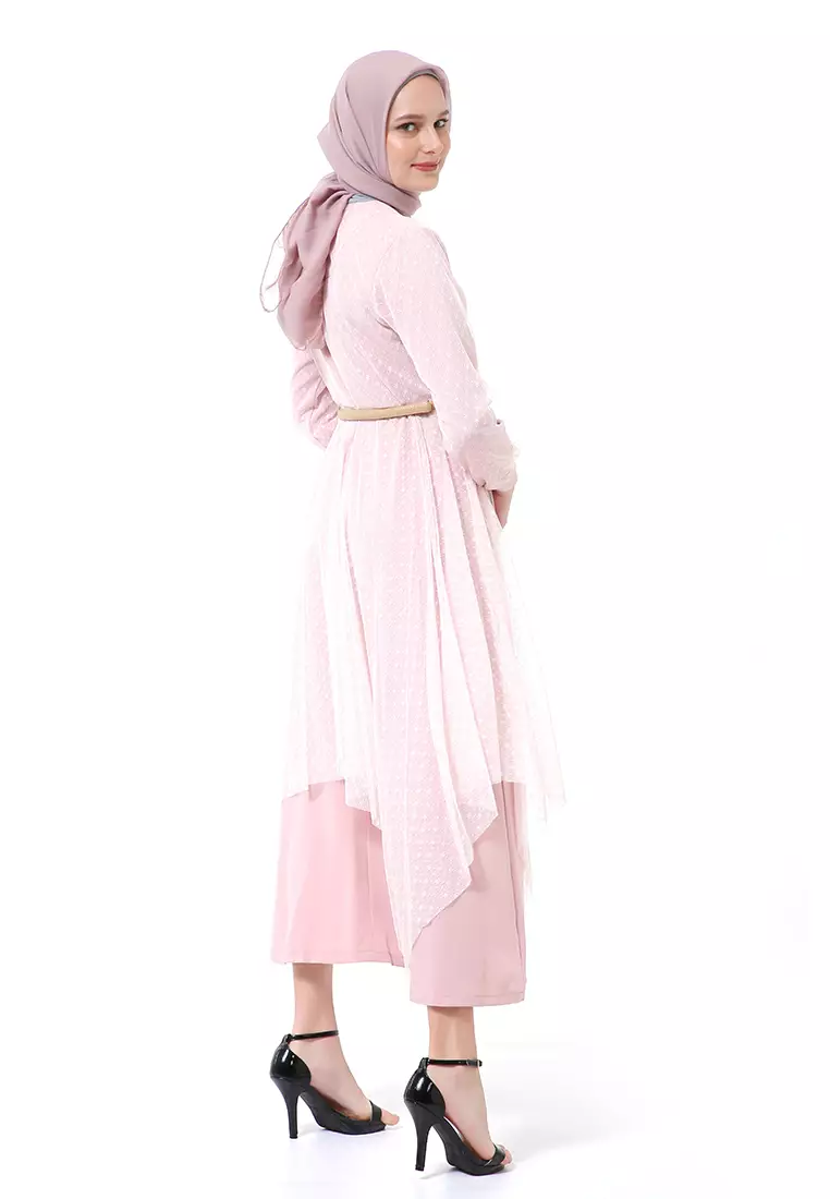 Zahwa Long Dress Gamis Muslimah Long Sleeve Free Belt High Quality - Pink
