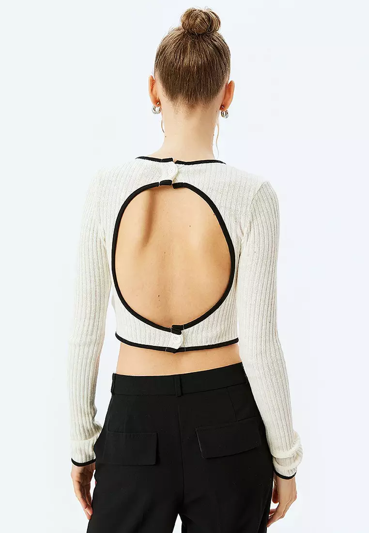 Crop Crew Neck Trim Textured Long Sleeve T-Shirt