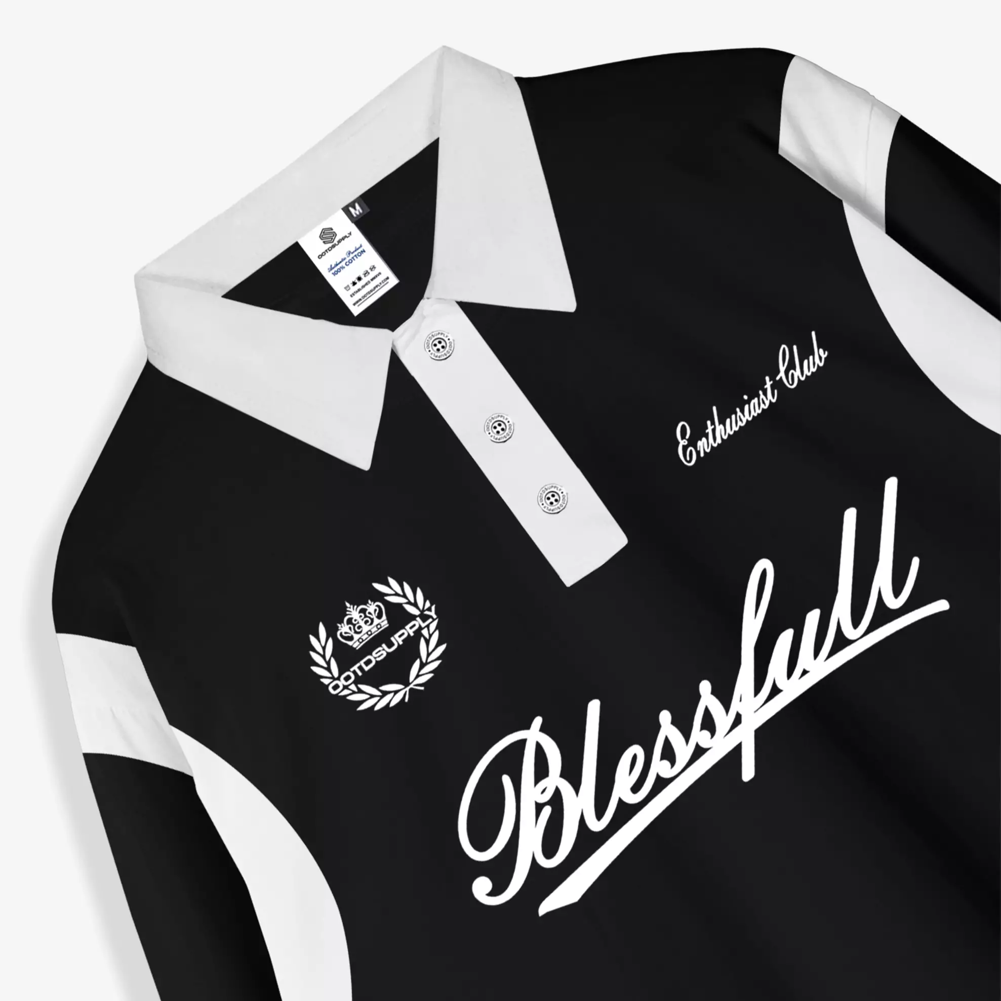 OOTDSUPPLY Longsleeve Polo Rugby Regular Blessfull Black White l Shirt Lengan Panjang l Kaos Kerah I Kaos Salur LSRB003
