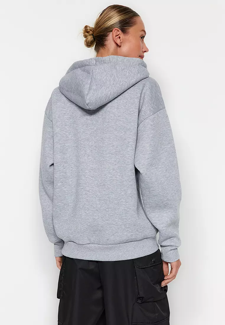 Gray Melange Thick Fleece Inside Oversize/Wide Fit Hoodie Basic Knitted Sweatshirt TWOAW24SW00103.