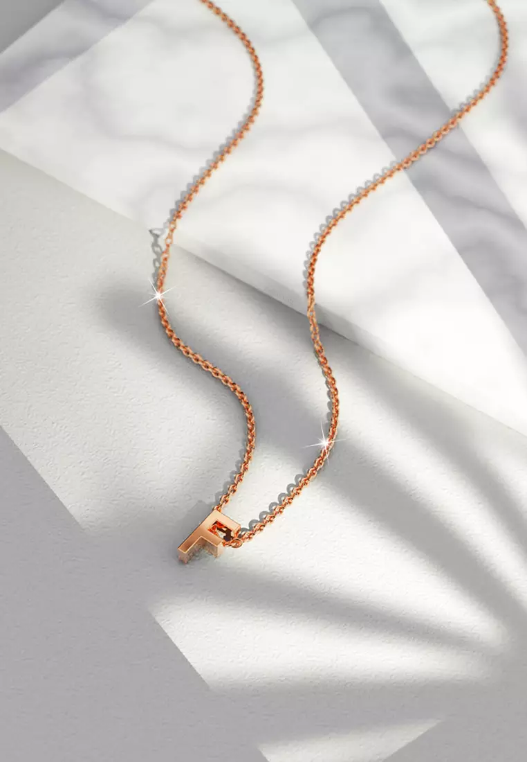Initials Brick Alphabet Letter Necklace Rose Gold Layered Steel Jewellery - F