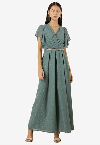 Indya blue Foil Flared Sleeve Jumpsuit with Attached Belt A5090AA107388EGS_1