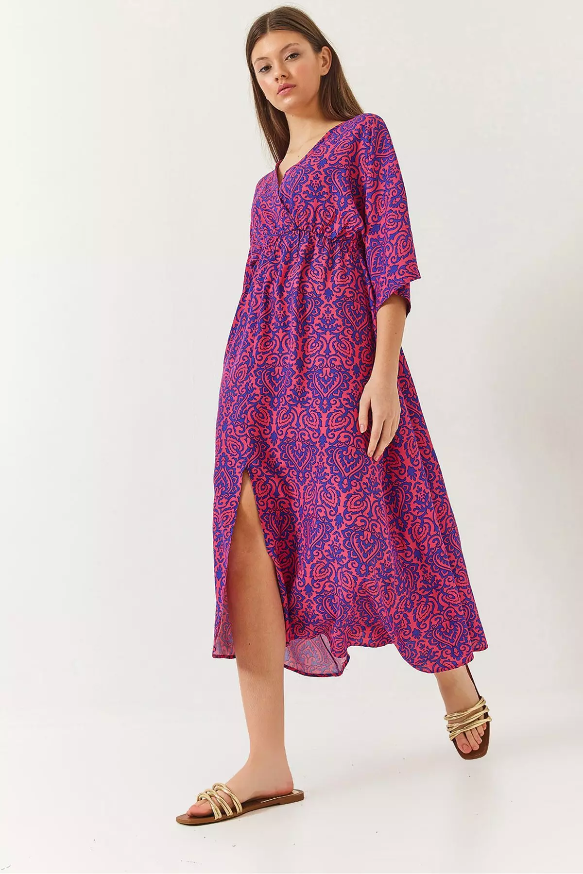 Women's Double Breasted V Neck Front Slit Detail Print Dress 60261411