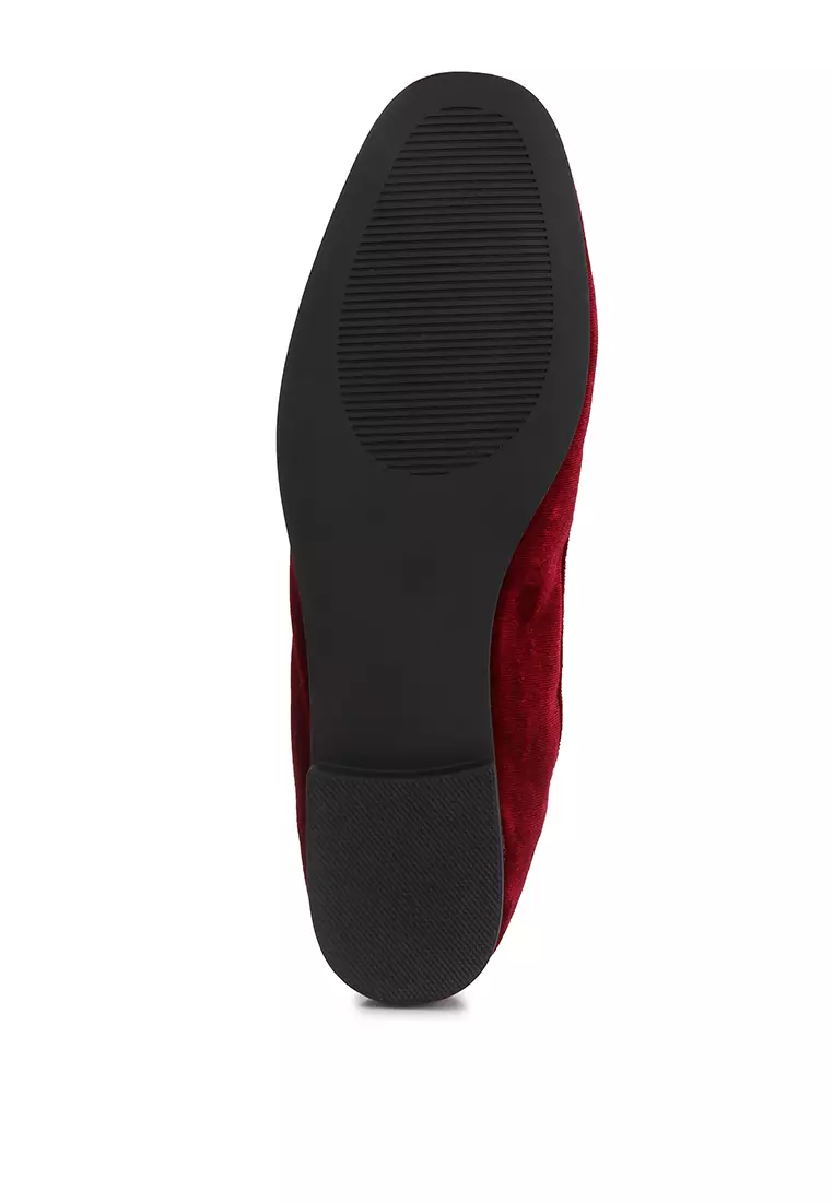Burgundy Horsebit Embellished Velvet Loafers