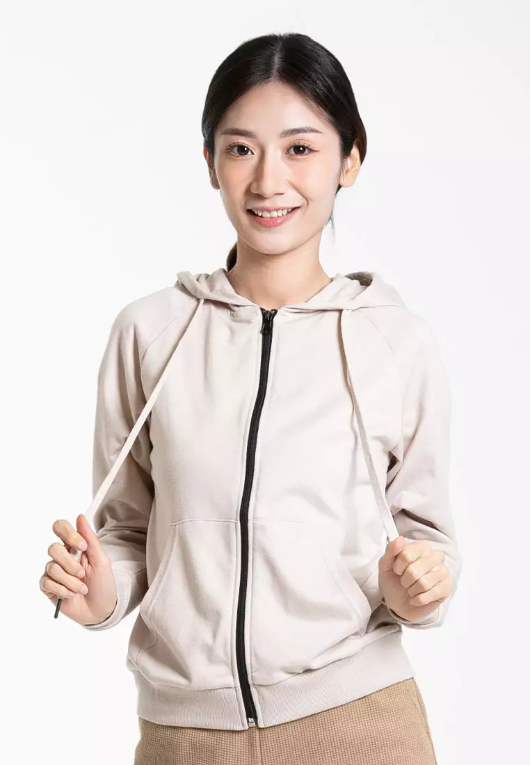Forest Ladies Stretchable Sweatshirt Cotton Terry Hoodie Women Jacket - 830108-15Beige