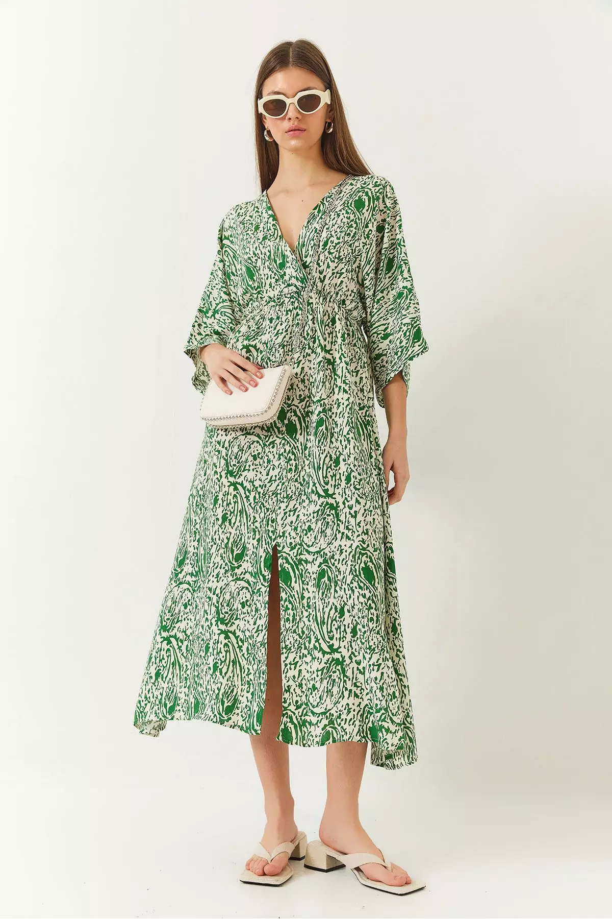 Women's Double Breasted V Neck Front Slit Detail Print Dress 60261411