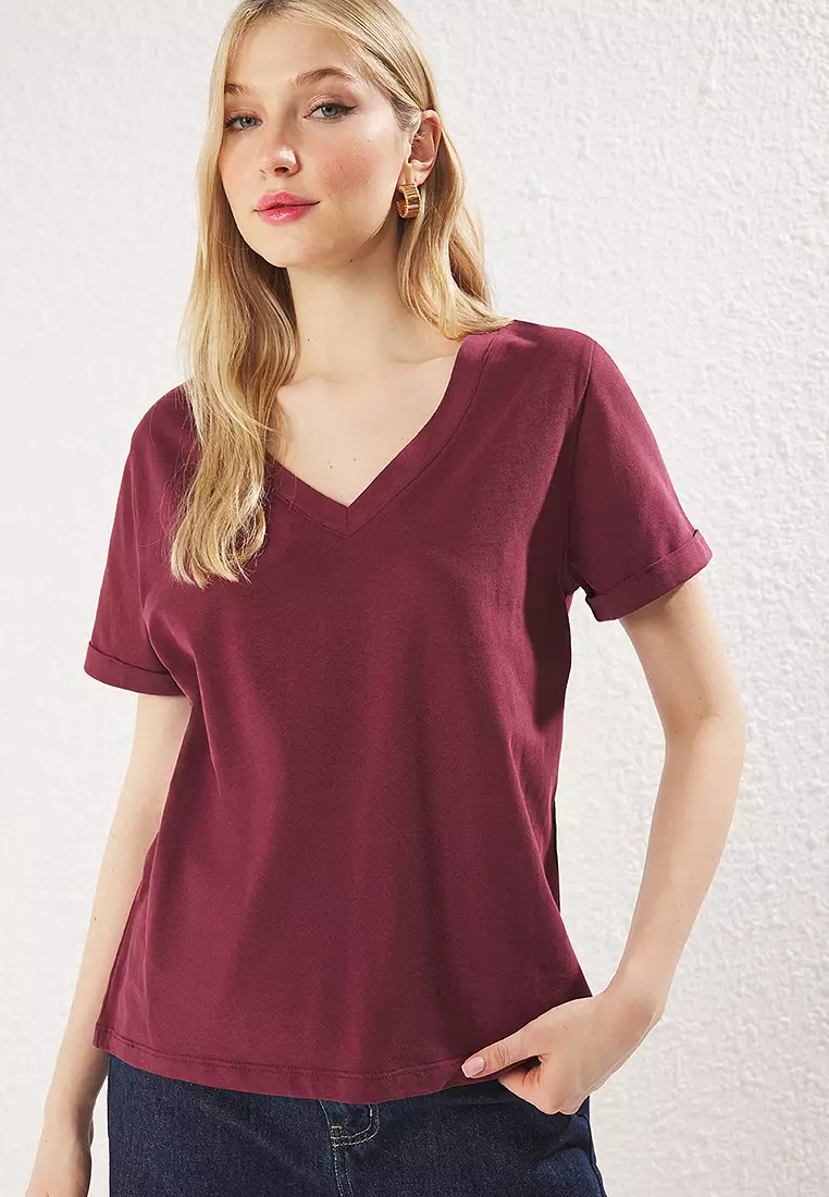 Claret Red V Neck Short Sleeve Regular/Basic Knitted T-Shirt