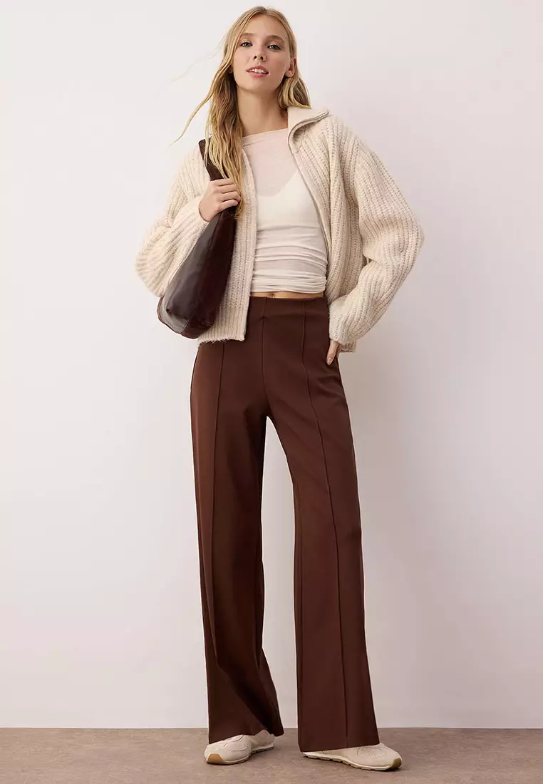 Brown Interlock Wide/Leg Wide Cut Stretch Knit Ribbed Trousers