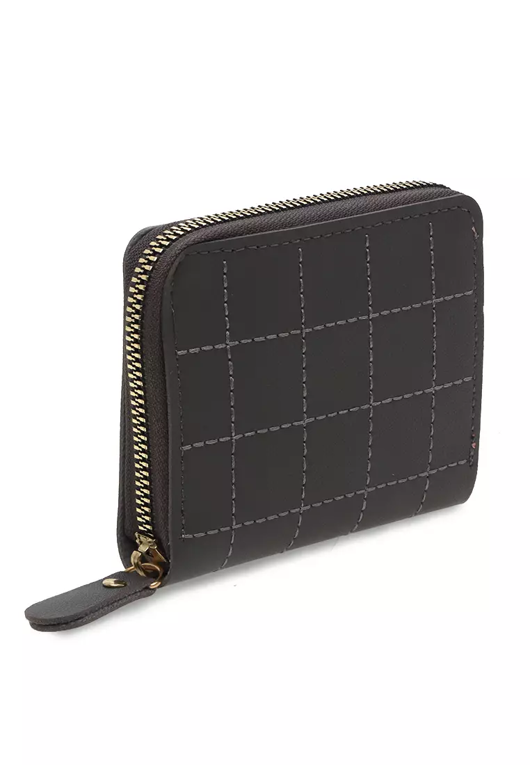Dompet Zip Motif Kotak-Kotak Design Casual Small Wallet Premium Quality - Abu