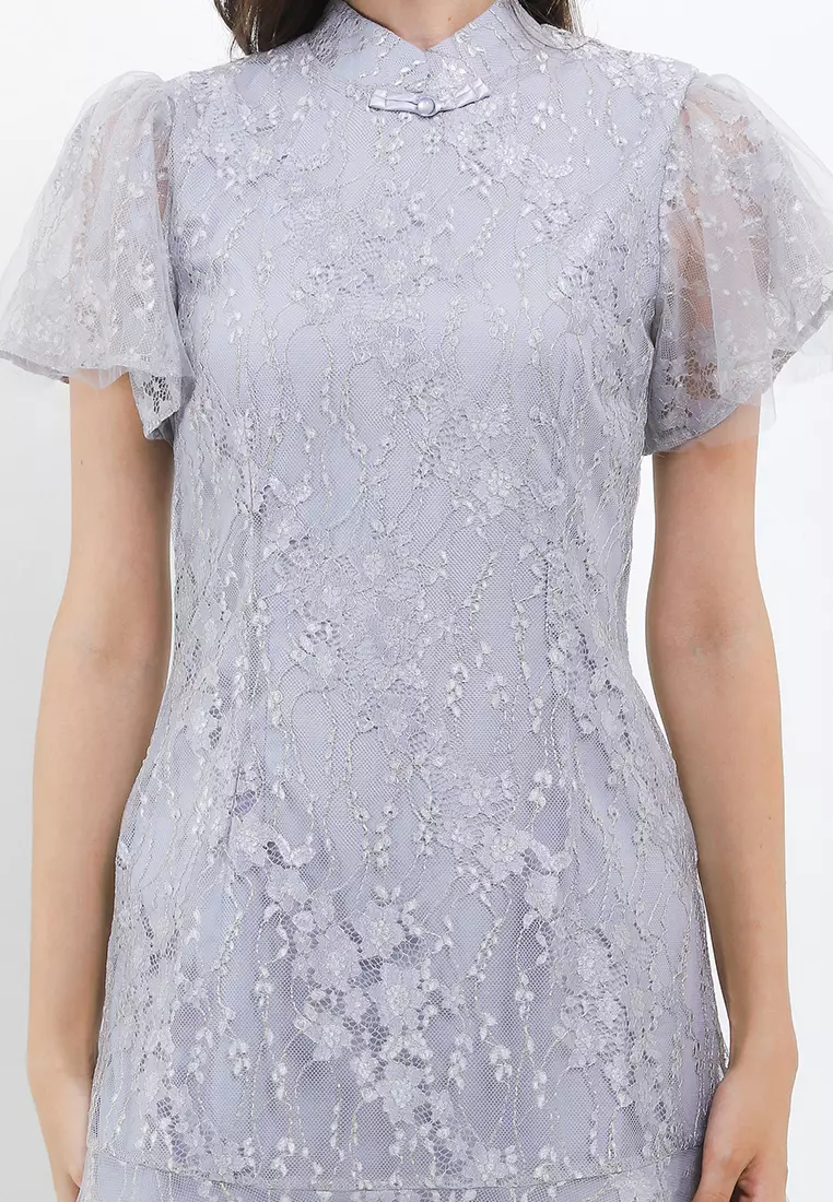 Ruffle Sleeve And Hem Tulle Detail Lace Qipao Dress