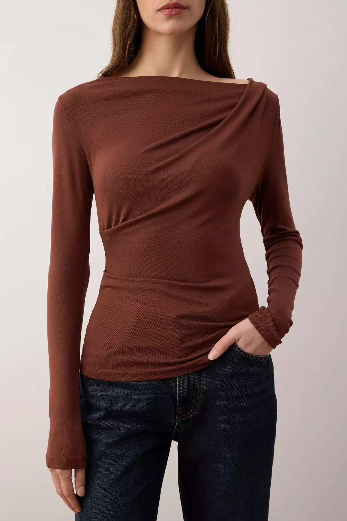 Brown Fitted/Bodycon Asymmetric Neckline Detailed Soft Fabric Knitted Blouse Twoaw26Bz88