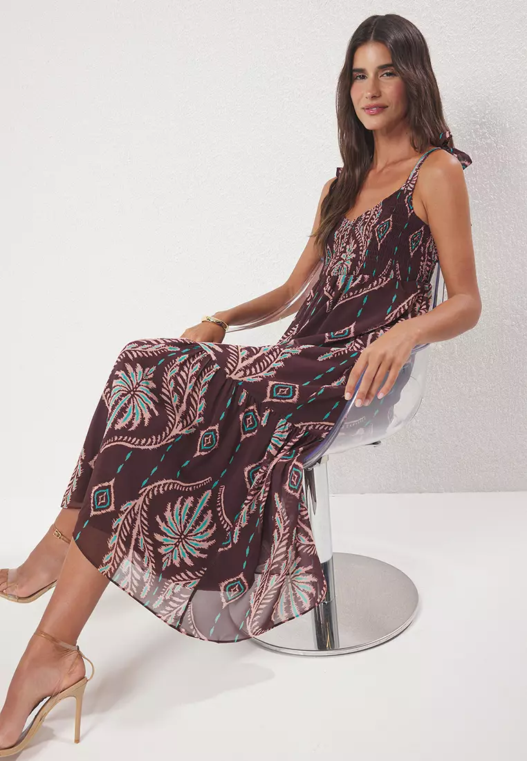 Brown Shawl Pattern Skirt Waist Opening Gipel Maxi Woven Dress TWOSS25EL00710