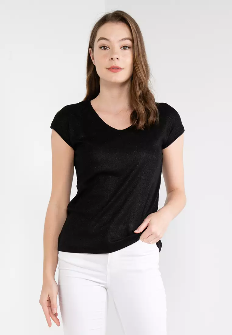 Buy ONLY Silvery Short Sleeves V Neck Lurex Top 2023 Online