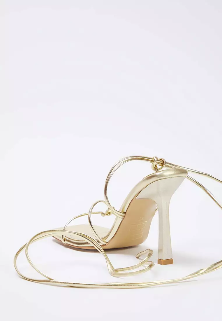 Gold Ankle Strap Detail Women Thin Heeled Sandals Takss25To00095