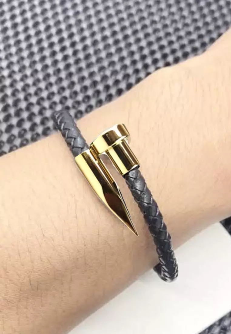 Accessories Pria Stainless Nail Design Center Leather Bracelet Gelang Pria Black & Gold