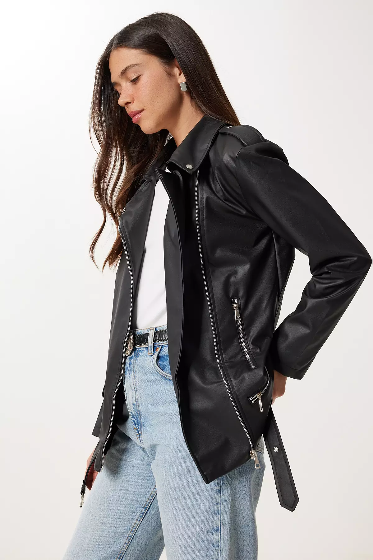 Women's Black Belted Faux Leather Jacket Gz00005