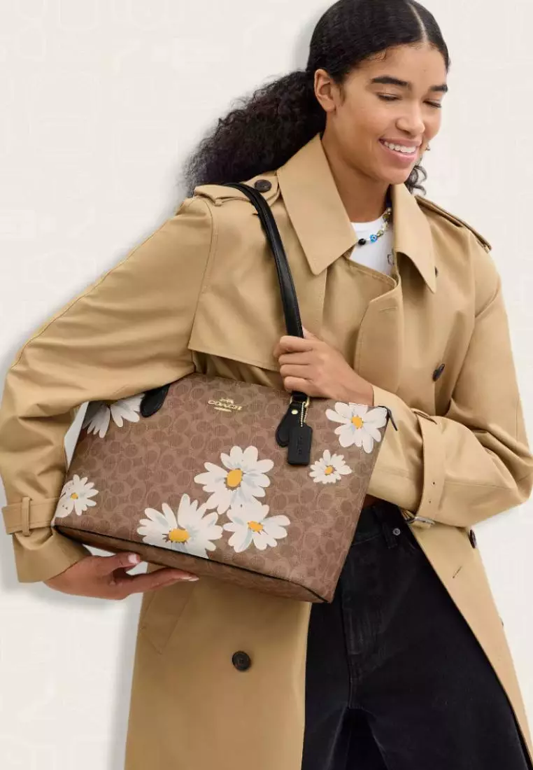 Coach Gallery Tote Bag In Signature Canvas With Floral Print Tan Multi