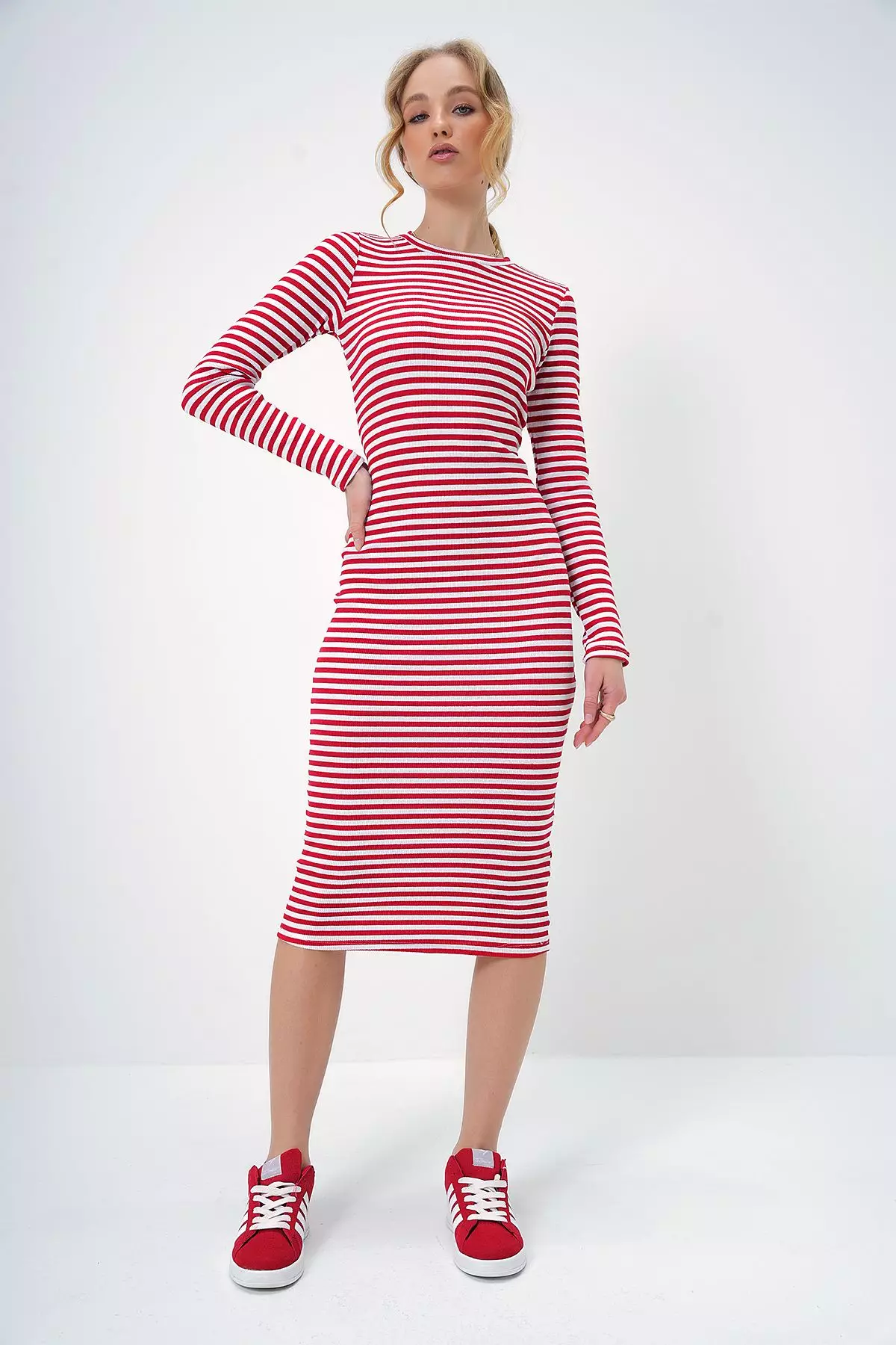 Women's Red Crew Neck Striped Midi Length Basic Dress