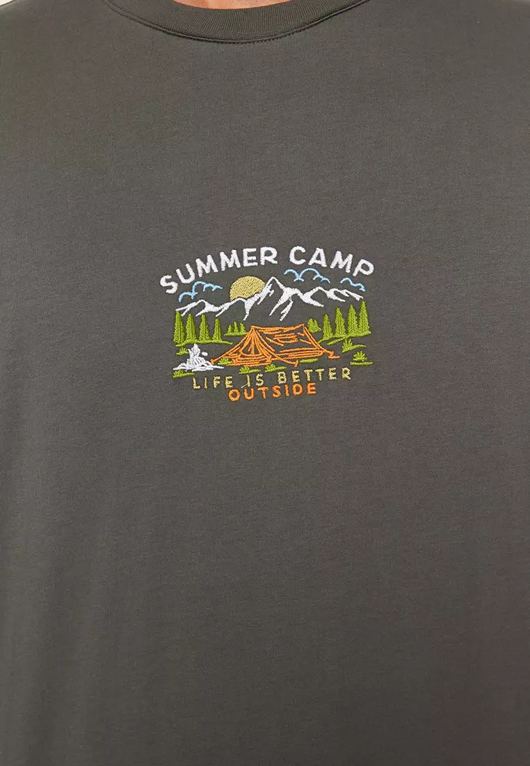 Anthracite Oversized/Wide Cut Short Sleeve Landscape Embroidered T-Shirt