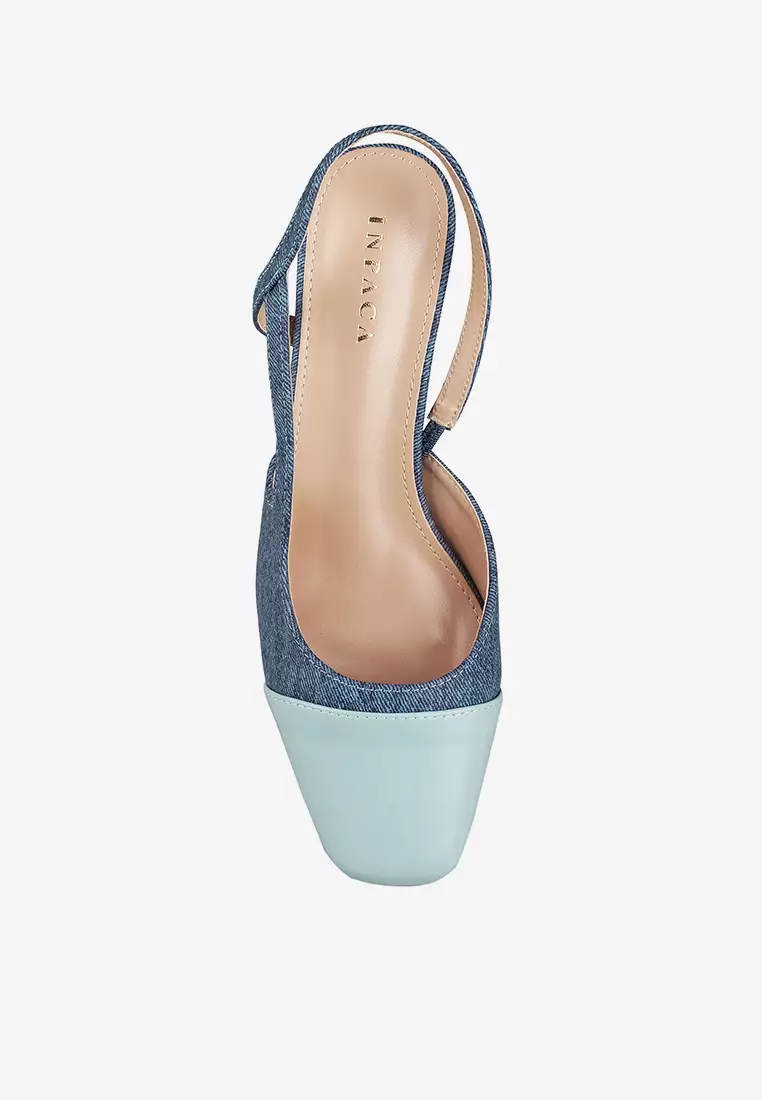 Jenna Denim Sling Back Square Toe Block Heels
