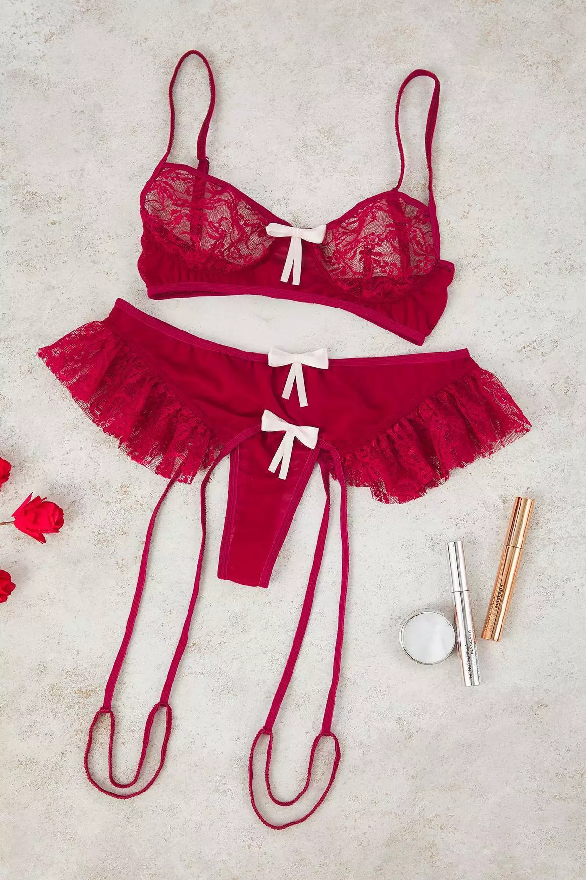 Burgundy Ribbon Detailed Leg Banded Ruffle Coverless Lace Fantasy Lingerie Set